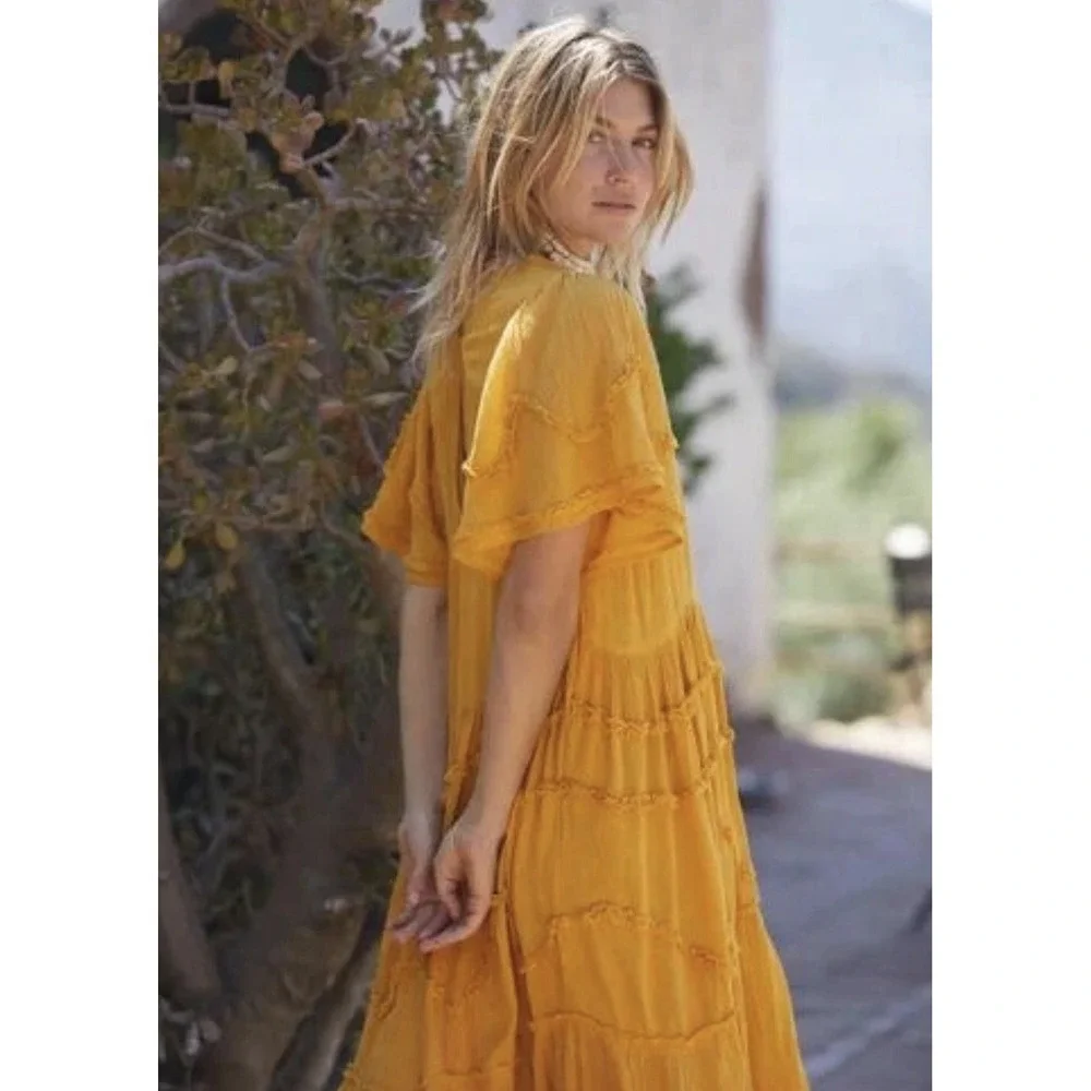Free People Orianna Button Front Gold Yellow Midi Dress Size XS Oversized